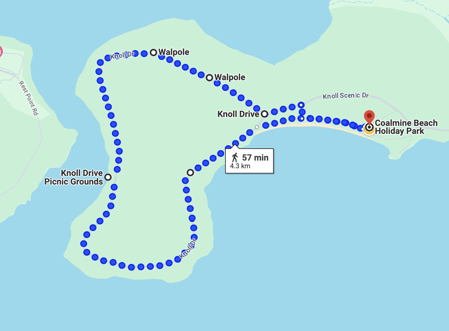Walking time frame from Google Maps around Knoll scenic drive